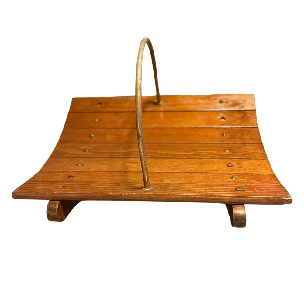 Vintage Curved Wood Magazine Rack Brass Handle Mid Century Modern